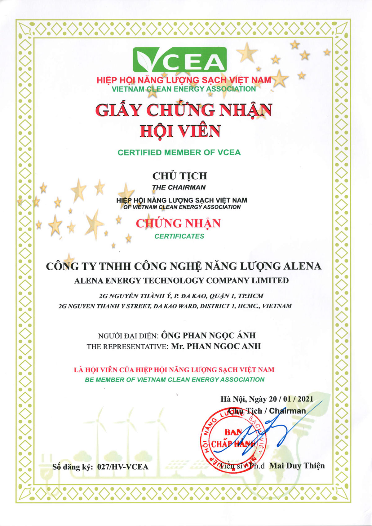 Giấy chứng nhận hội viên Hiệp hội Năng lượng sạch Việt Nam
